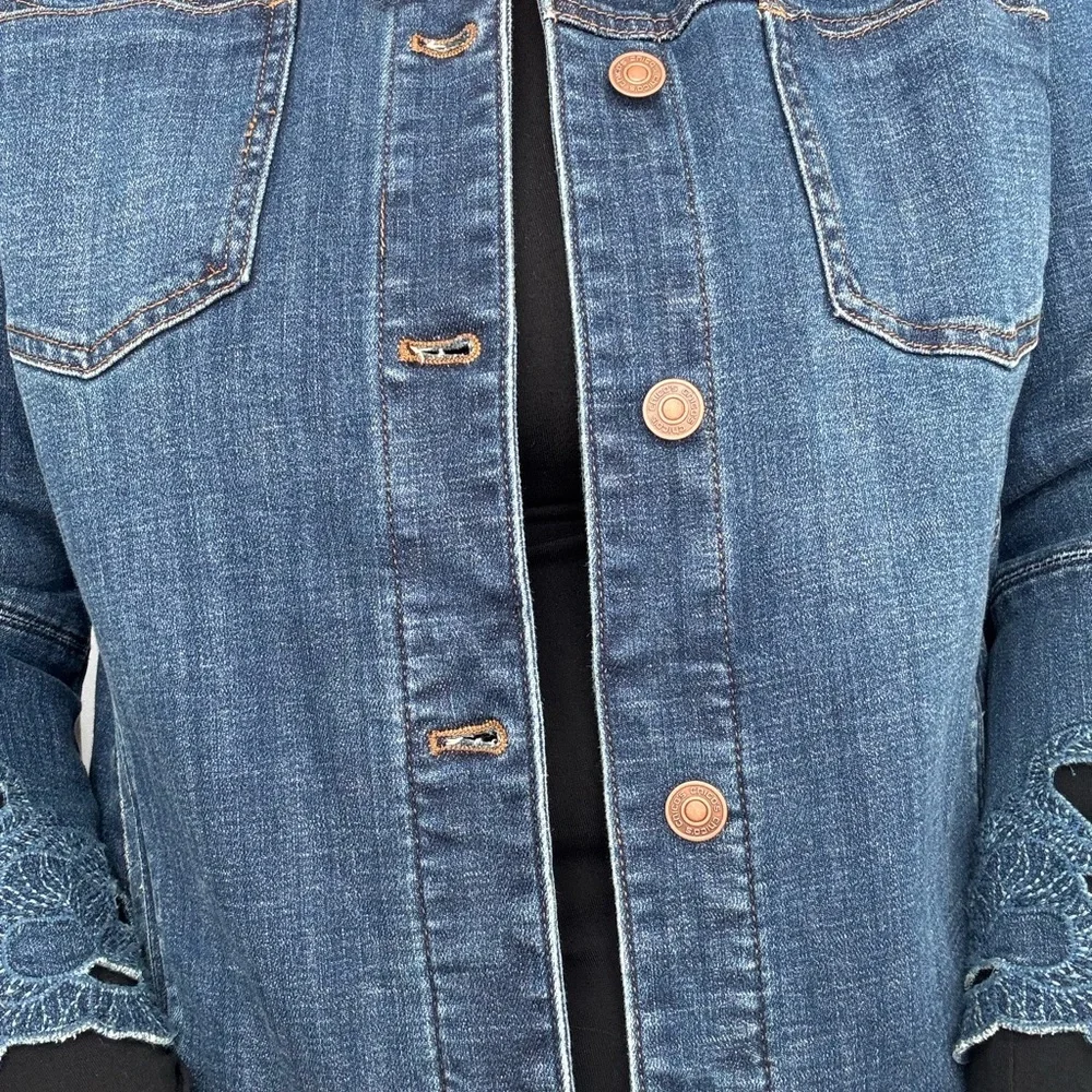Chico's Blue Jean Jacket with Lace Sleeves - Picture 5 of 11